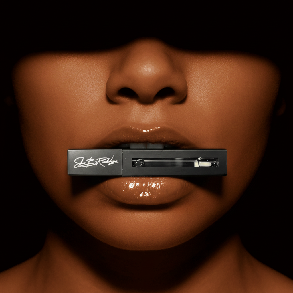 SheBRichLips Boss Gloss lip gloss tube held between glossy lips